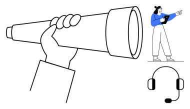 Teleskopu tutan el, görüş ve keşfi sembolize eder. İşaret eden kişi yön ya da rehberliği vurgular. Kulaklık iletişimi ima eder. Strateji, liderlik, destek, rehberlik, takım çalışması için ideal