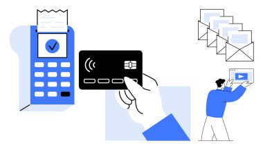 Ödeme terminalinin yanında el ele tutuşma kartı, posta iletişim simgeleri ve kişi görüntüleme ekranı. Finans, e-ticaret, teknoloji, iletişim, iş, pazarlama ve basit