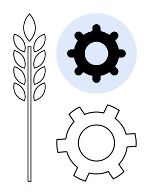 Tahıl sapı, tarım ve endüstriyel sistemlerin füzyonunu sembolize eden iki vites simgesi ile yan yana. Sürdürülebilirlik, yenilik, tarım, üretim, teknoloji, çevre dostu çözümler için ideal
