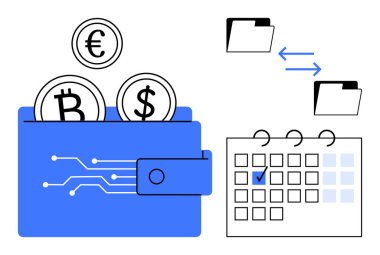Cüzdanında Bitcoin, Dollar ve Euro paraları, klasör veri transferi ve işaretli bir takvim var. Finans, kripto para birimi, işlem, veri eşzamanlama fintech düz metaforu için idealdir