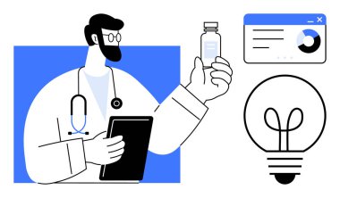 Doktor elinde ilaç şişesi ve tablet, ampul sembolü ve veri tablosu olan. Sağlık, tıp, yenilik, araştırma, teknoloji, analitik eğitim için idealdir. Düz basit metafor