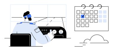 Üniformalı pilot kokpit kontrollerini yönetiyor. İşaretli tarihli takvim, programlama, planlama, havacılık, hazırlık, zaman yönetimi, organizasyon ve seyahat kavramlarını belirtir. Düz basit metafor