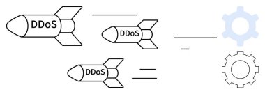 Üzerinde DDoS olan üç etiketli füze sistemlere yapılan siber saldırıları simgeleyen bir ikona doğru ilerliyor. Siber güvenlik, hackleme, ağ savunması, bilişim, tehdit analizi, çevrimiçi koruma için idealdir.