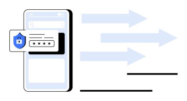Güvenli veri transferini sembolize eden oklarla birlikte güvenlik kalkanı simgesiyle parola korumalı giriş gösteren akıllı telefon ekranı. Siber güvenlik, şifreleme, çevrimiçi güvenlik ve cep telefonu için ideal