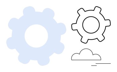 Ana hatları ve çok az bulut sembolü olan katı vites simgeleri. Takım çalışması, yenilik, endüstri, bulut hesaplama, geliştirme, süreç, verimlilik için ideal. Düz basit metafor