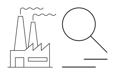 Duman yayan ve büyüteç büyüten fabrika teftiş, araştırma ve değerlendirmeyi sembolize ediyor. Endüstri için ideal, çevresel etki, süreç verimliliği, veri gözden geçirme, kalite kontrolü, sanayi