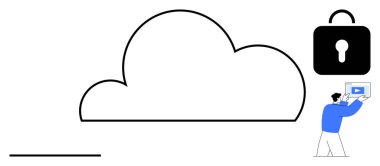 Bulut yapısı ve asma kilit ikonu güvenliği temsil ediyor. Kullanıcı içeriği tablet üzerinden yükler. Veri gizliliği, siber güvenlik, teknoloji, yazılım, depolama çözümleri, dijital dönüşüm için ideal