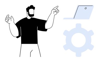 Adam dizüstü bilgisayara ve teçhizata işaret ediyor. Teknoloji, takım çalışması, yenilik, sistem geliştirme, iş akışı, dijital araçlar, iş kavramları için idealdir. Düz basit metafor