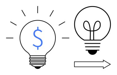 Parlak çizgileri olan ampuller ve bir dolar işareti yanında bir ok yaratıcılık, yenilik, finansal fikirler ve ileriye dönük yönelimi çağrıştırıyor. İş için ideal, strateji, finans, yenilik, büyüme