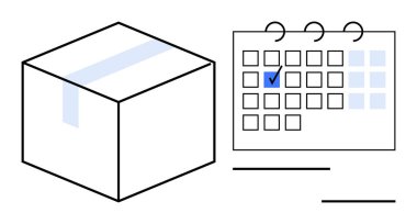 İşaretli tarihli takvimin yanındaki paket lojistik, nakliye programları, e-ticaret, sipariş planlaması, teslimat takibi, zaman yönetimi ve iş operasyonlarını temsil ediyor. Basit bir daire için ideal