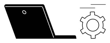 Teknolojiyi, yazılım geliştirmeyi, mühendisliği ve verimliliği simgeleyen bir dişlinin yanına dizüstü bilgisayar aç. Takım çalışması, yenilik, bilişim kurulumu, otomasyon e-ticaret eğitimi için ideal basit iniş