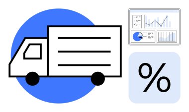 Analitik gösterge panelinin ve yüzde sembolünün yanındaki beyaz teslimat kamyonu. Lojistik, ulaşım, iş büyümesi, veri analizi, e-ticaret, nakliye ve basit iniş sayfası için ideal