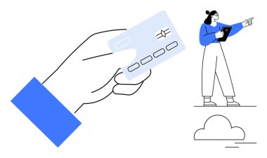Elinde kredi kartı ya da banka kartı olan tablet jestleri olan bir kadın. Finans, fintech, dijital ödeme, bankacılık, yenilik, e-ticaret, basit iniş sayfası için ideal
