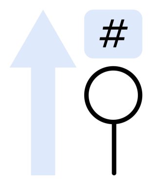 Açık mavi yukarı doğru ok, siyah üstveri etiketi ve büyüteç trendleri, keşifleri ve analitiği temsil ediyor. Büyüme, eğilimler, sosyal medya, arama analitik veri indirme sayfası için ideal