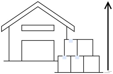 Yükselen okun yanında istiflenmiş kutularla depo binası büyümeyi, verimliliği ve lojistiği gösteriyor. İş için ideal, tedarik zinciri, envanter, ekonomi, verimlilik nakliye ticareti. Düz