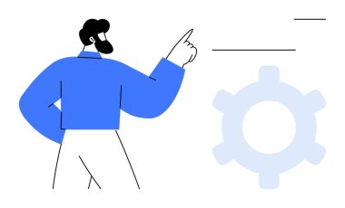 Kendine güvenen bir adam takım çalışmasını, stratejisini ve verimliliğini vurgulayarak bir vites sembolüne doğru hareket eder. İş, teknoloji, planlama, iş akışı, liderlik süreci yönetimi için ideal basit metafor