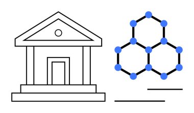 Gelenek ve teknolojinin karşıtlığını gösteren düğümlerle birlikte klasik devlet binası. Engelleme zinciri, dijital dönüşüm, yenilik, yönetim ve finans için ideal
