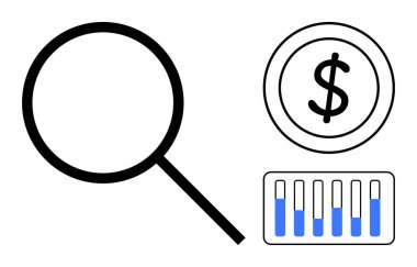 Dolar simgesi ve bar tablosunun yanında büyüteç, analiz, finans ve veri içgörülerini temsil ediyor. İş, yatırım, ekonomi, analitik, bankacılık ve pazarlama için ideal