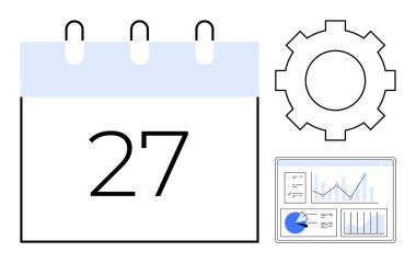 Takvim ayın 27 'sini gösteriyor, ayarlar için vites, grafikler ve grafiklerle analitik gösterge paneli. Program, verimlilik, organizasyon, görev yönetimi, zaman izleme ve veri analizi için ideal