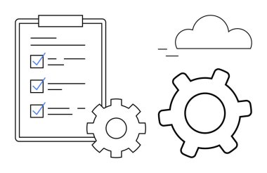 İşaretli görevleri olan kontrol panosu, işlem otomasyonunu öneren iki vites, ve dijital bağlantı için bir bulut. Üretkenlik, organizasyon, planlama, otomasyon, takım çalışması, bulut için ideal