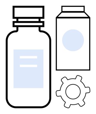 İlaç şişesi, ambalaj kutusu ve dişli ikonu sağlık hizmetlerini, ilaç imalatını, yenilikçiliği, teknolojiyi, araştırmayı, ilaç dağıtımını ve ilerlemeyi gösteriyor. Sağlık hizmetleri için ideal