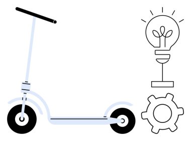 Scooter 'ı dişli ve ampullü tekmele yeşil hareketliliği, sürdürülebilirliği, yaratıcılığı ve yeniliği sembolize ediyor. Teknoloji için ideal, çevre dostu ulaşım, tasarım, geleceğin takım çalışması. Düz