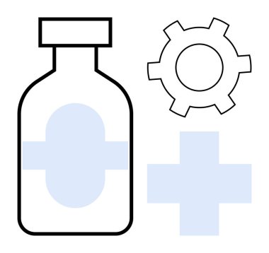 Haç, vites sembolü ve tıbbi haç içeren ilaç şişesi sağlık, verimlilik, yenilik, araştırma, ilaç geliştirme, bütünsel refahı gösteriyor. Tıbbi uygulamalar için ideal.