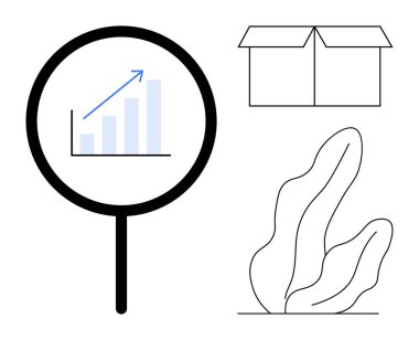 Büyüteç altındaki büyüme tablosu, açık kutu ve soyut bitki çizgisi sanatı. Analiz, iş, büyüme, araştırma, ambalaj, minimalizm için ideal basit iniş sayfası
