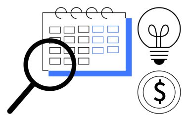 Büyüteç işaretleri takvimi, ampul ve dolar işaretinin yanına yerleştirilmiş. Planlama, planlama, bütçe, üretkenlik, yaratıcılık, analiz hedef yönetimi için idealdir. Basit düz metafor