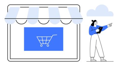 Vitrindeki tableti tutan ve işaret eden kadının üzerinde alışveriş arabası sembolü var. E-ticaret, çevrimiçi alışveriş, perakende sektörü, küçük işletme, web sitesi, teknoloji, basit iniş sayfası için ideal