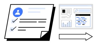 Kullanıcı profilinin yanındaki işaretli kağıt doküman, çizelgeleri ve okla yazılmış metni dijital bir panele dönüştürüyor. İş akışı, veri yönetimi, dijitalleştirme, otomasyon, teknoloji için ideal