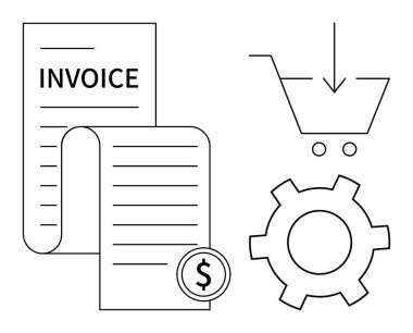 Bir dolarlık madeni paranın yanında fatura belgesi, aşağı ok ve dişli dişli dişli dişli çarşaf. E-ticaret, ödeme sistemleri, otomasyon, iş finansmanı, çevrimiçi alışveriş, iş akışı sade iniş için ideal