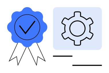 Sistem işlemleri için vites simgesinin yanında işaretli mavi rozet kalite güvencesini simgeliyor. Sertifika, garanti, süreç, ayarlar, kalite, onay ve basit iniş sayfası için ideal