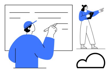 Profesyonel, tabletli bir lider yönetirken beyaz tahtada fikirler planlıyor. Takım çalışması, beyin fırtınası, liderlik, planlama, üretkenlik, eğitim, basit iniş sayfası için ideal