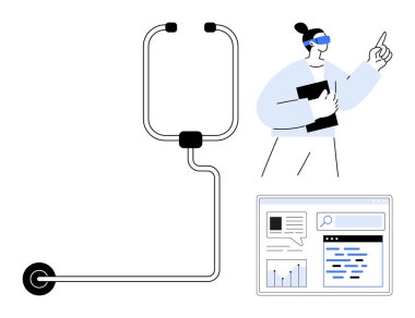 Stetoskop, akıllı gözlük takan tabletli doktor, tıbbi araştırma verileri ekranda gösteriliyor. Sağlık hizmetleri yeniliği, teletıp, teknoloji kullanımı, tıp eğitimi, tanı bilimi için ideal