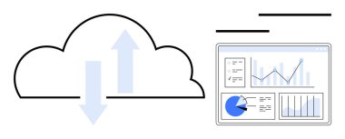 Grafikler, grafikler ve analizlerle dolu bir panelin yanında veri transferini gösteren oklarla dolu bir bulut. Veri analizi, bulut hesaplama, teknoloji, iş, istatistik ve finans için ideal