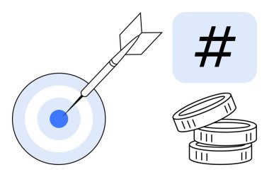 Oklu hedef, mavi bir karede üstveri etiketi ve hassasiyet, strateji ve finans taşıyan bozuk para yığını. İş, pazarlama, dijital medya, hedef başarı markalaşma reklamcılığı için ideal