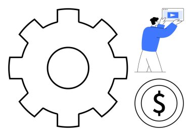 İşlemler için vites sembolü, finansal büyüme için dolar işareti dijital içerik için video ekranı olan kişi. Takım çalışması, yenilik, ekonomi, teknoloji, eğitim, basit iniş planları için ideal