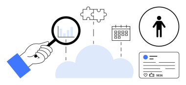 Grafiğin üzerinde büyüteç, bulut, bulmaca parçaları, takvim, insan ikonu ve sosyal medya paylaşımı. Analiz, bulut hizmetleri, kişiselleştirme takım çalışması programlama ağı için ideal