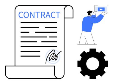 İmzalı sözleşme, süreci sembolize eden teçhizat, medyayı tutan kişi. Dijital anlaşmalar, yasal otomasyon, iş akışı, video eğitimi, çevrimiçi araçlar, e-imzalar için ideal