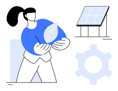 Kadın, ekolojik bilinci, güneş panelini ve sürdürülebilir uygulamaları sembolize eden bir yaprak tutuyor. İklim, yeşil enerji, koruma, teknoloji, yenilik, eko-iş dairesi için ideal