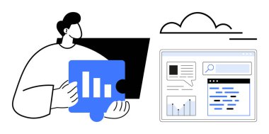 Çubuk grafiği, grafikli veri paneli, arama çubuğu ve bulut simgesi olan kişi. Veri analizi, takım çalışması, problem çözme, yenilik, işbirliği, araştırma için ideal