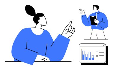 İki kişi beyin fırtınası yapıyor ve verileri tartışıyor, biri elinde bir dosya, diğeri de fikirleri gösteriyor. Bir grafik büyüme eğilimlerini gösteriyor. Takım çalışması, strateji, liderlik, analiz için ideal