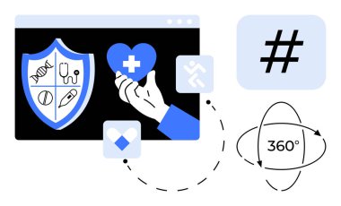 Tıbbi simgeli kalkan, el ele tutuşan kalp, meta veri etiketi ve 360 görüntü simgesi. Sağlık hizmetleri, dijital güvenlik, yenilik, teknoloji, tıbbi araştırma refahı için ideal basit bir iniş sayfası