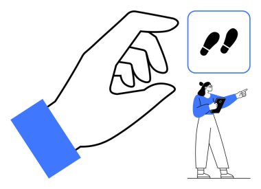 Ayak izi simgesinin yanında büyük bir el hareketi ve tablet tutan, dışa bakan bir kadın. Kılavuz, navigasyon, yön, liderlik, keşif, takım çalışması, basit iniş sayfası için ideal