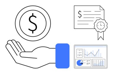 Değeri simgeleyen el ele tutuşma, güveni gösteren sertifikalı belge, finansal içgörü için analitik torpido gözü. Ekonomi, yatırım, strateji, iş, fintech, finans için ideal