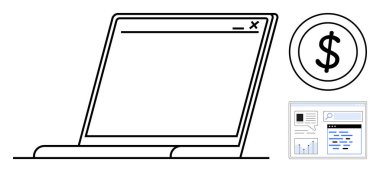 Dizüstü bilgisayarı, dolar simgesini ve finansal konsolu aç. Finans, teknoloji, bankacılık, yatırımlar, çevrimiçi işletmeler, ekommerce girişimleri ve basit iniş sayfaları için ideal
