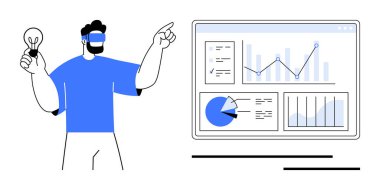 VR kulaklıklı biri elinde ampul tutarak grafik, grafik ve analitik veri paneline bakıyor. Teknoloji, yenilik, veri bilimi, sanal gerçeklik, iş stratejisi eğitimi için ideal