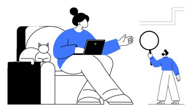 Dizüstü bilgisayarı olan bir kadın, elinde konuşma balonu olan bir adam, yanında kedi yatıyor. İşbirliği için ideal, evden çalışma, gündelik tartışma, iletişim, beyin fırtınası, takım