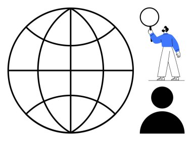 Geniş küre şebekesi, dairesel nesne tutan kişi ve kullanıcı simgesi. İletişim, ağ oluşturma, çevrimiçi varlık, teknoloji, küresel yardım, takım çalışması için ideal basit iniş sayfası